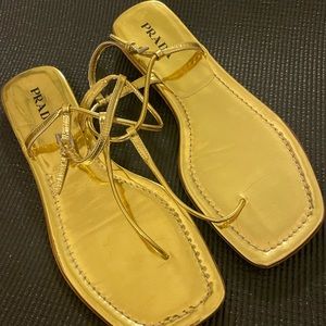 Never worn real Prada gold flat leather square toe sandals, size 8!